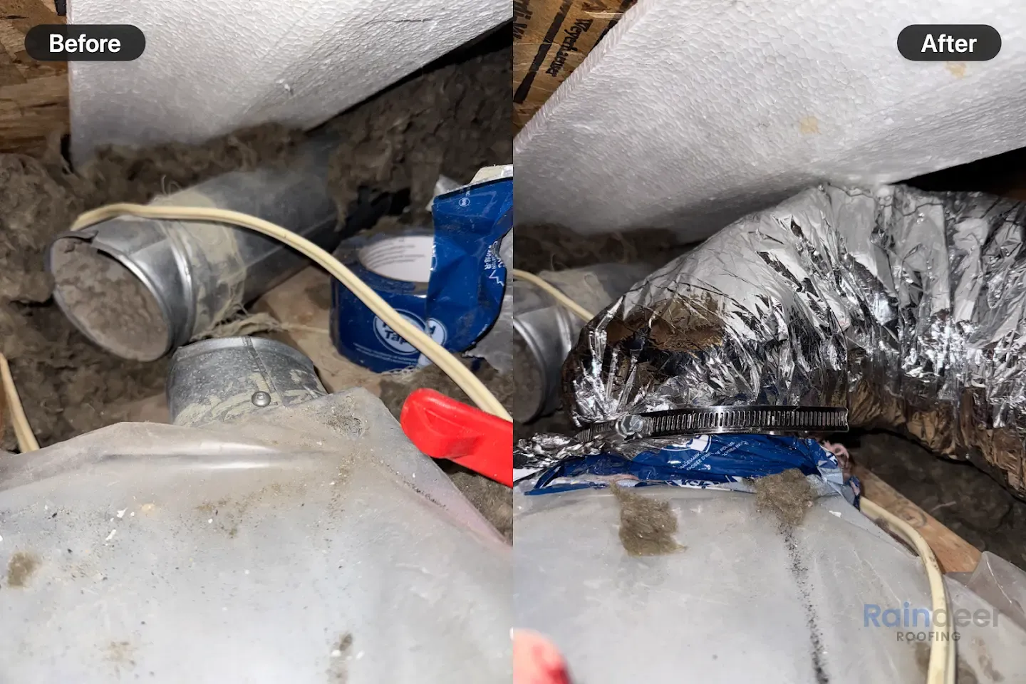 Before and after of attic ducting and vent work