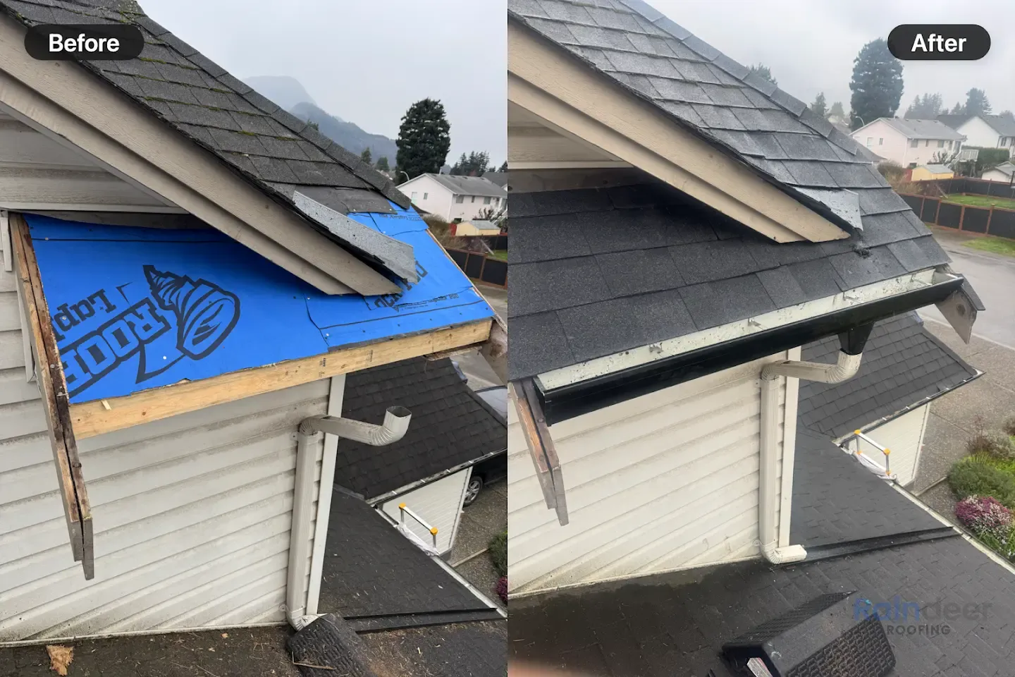 Before and after of a Raindeer Roofing asphalt shingle roof and eaves replacement