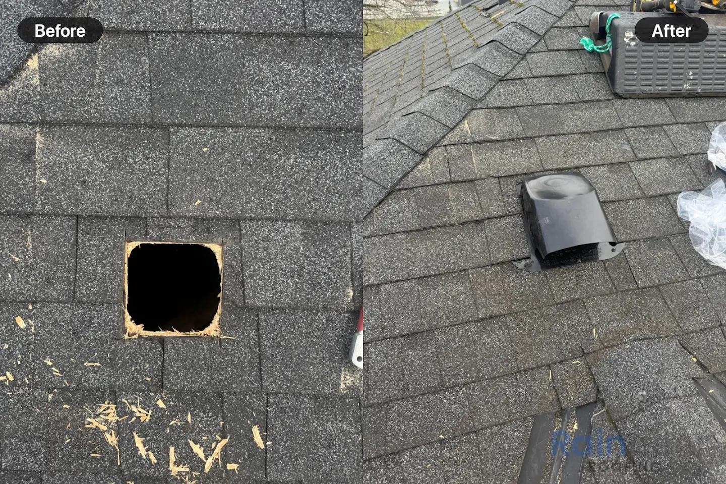 Before and after of a roof opening repaired and vented