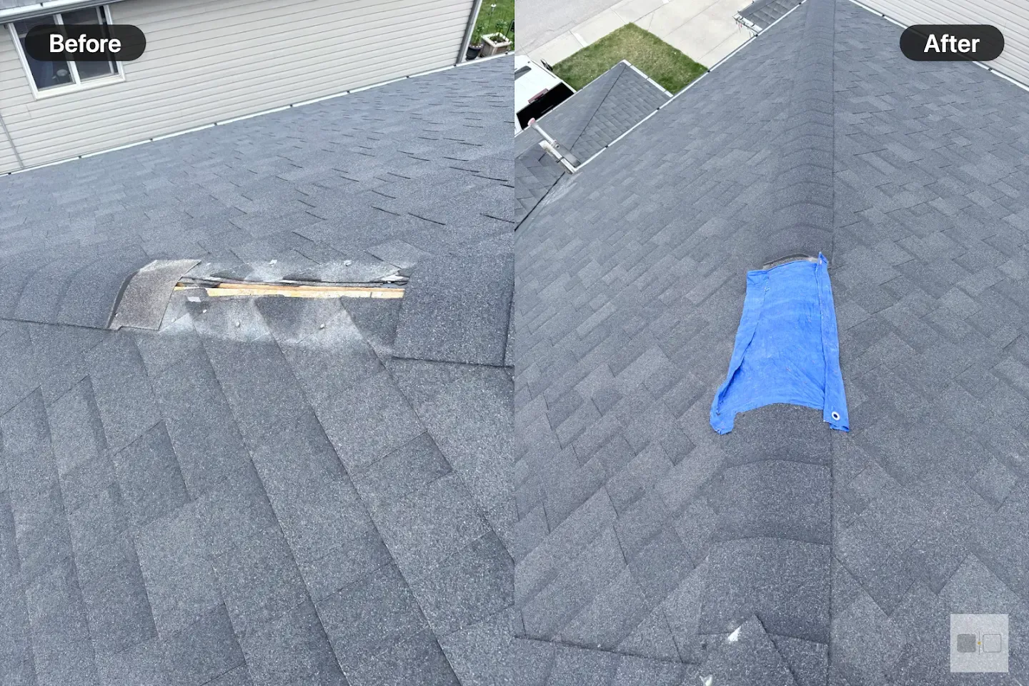 Before and after of a roof section repaired and re-shingled by Raindeer Roofing
