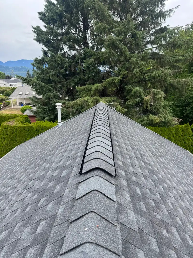 Completed charcoal asphalt shingle roof by Raindeer Roofing with a mountain backdrop near Calgary